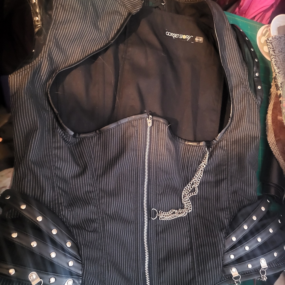 Black Pinstriped Vest with Chain Detail